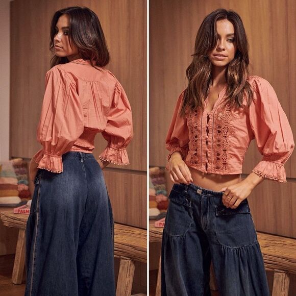 NEW with Flaw FREE PEOPLE Louella Embroidered Top, in Savannah Red, Size S - Picture 1 of 14